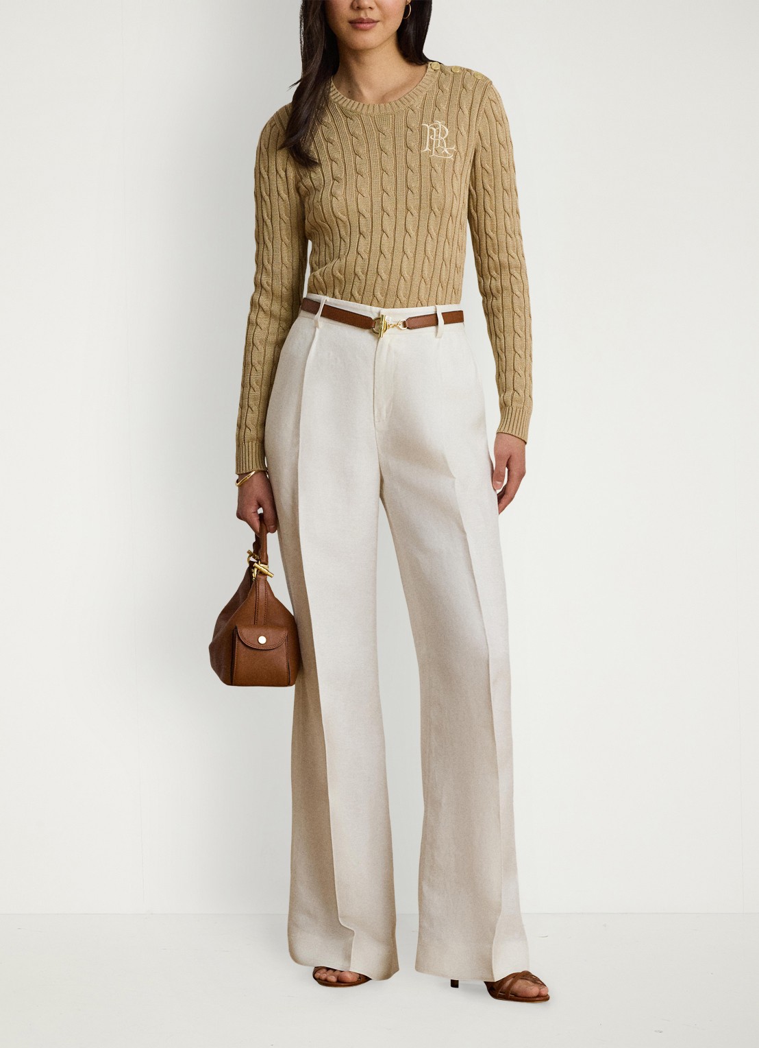 Ralph Lauren Kabelgebreide trui met logoborduring - voorkant 2 birch tan / beige