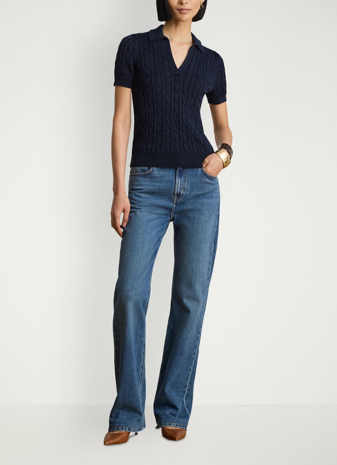 Ralph Lauren Kabelgebreide trui met logoborduring - voorkant 2 lauren navy / blauw