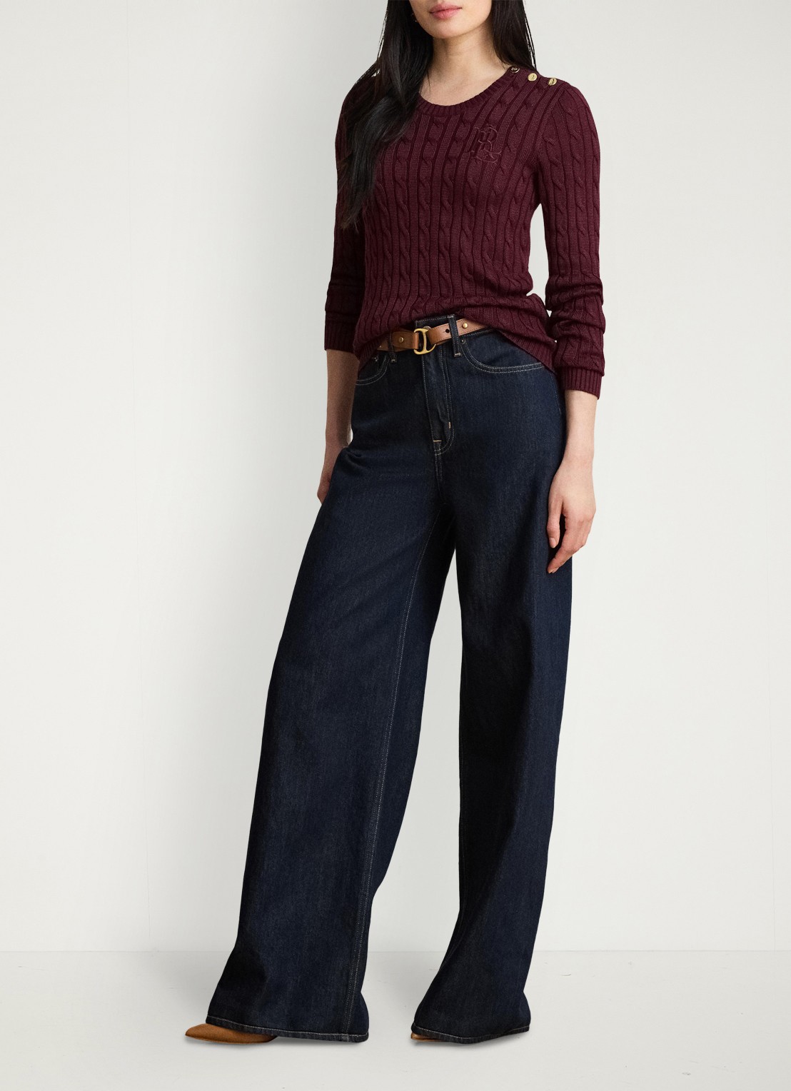 Ralph Lauren Kabelgebreide trui met logoborduring - detail dark garnet / bordeauxrood