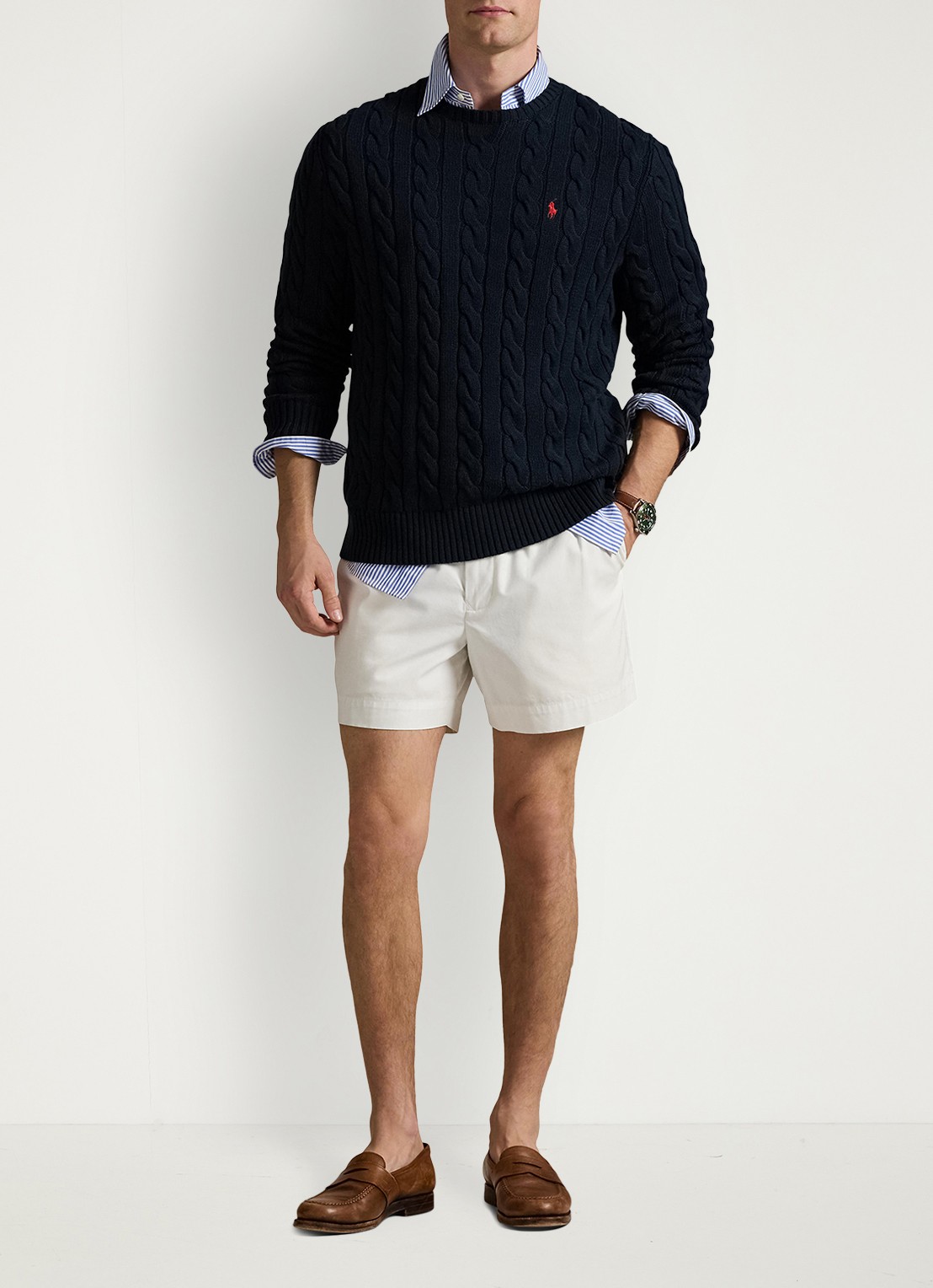 Ralph Lauren Kabelgebreide trui met logoborduring - voorkant 2 hunter navy / blauw