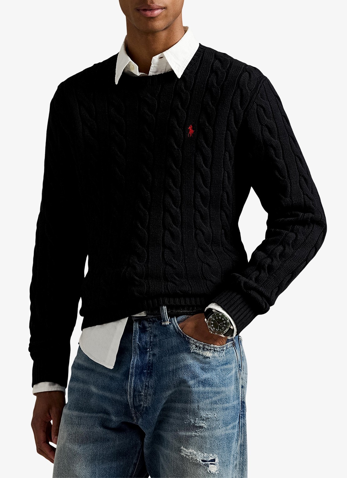 Ralph Lauren Kabelgebreide trui met logoborduring - detail polo black / zwart