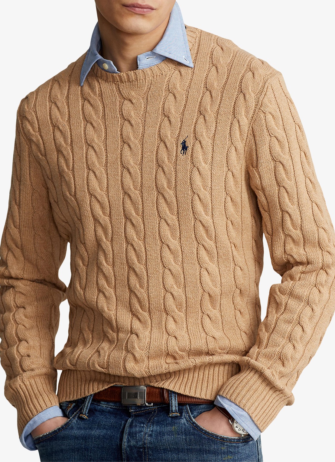 Ralph Lauren Kabelgebreide trui met logoborduring - detail camel melange-2x88
