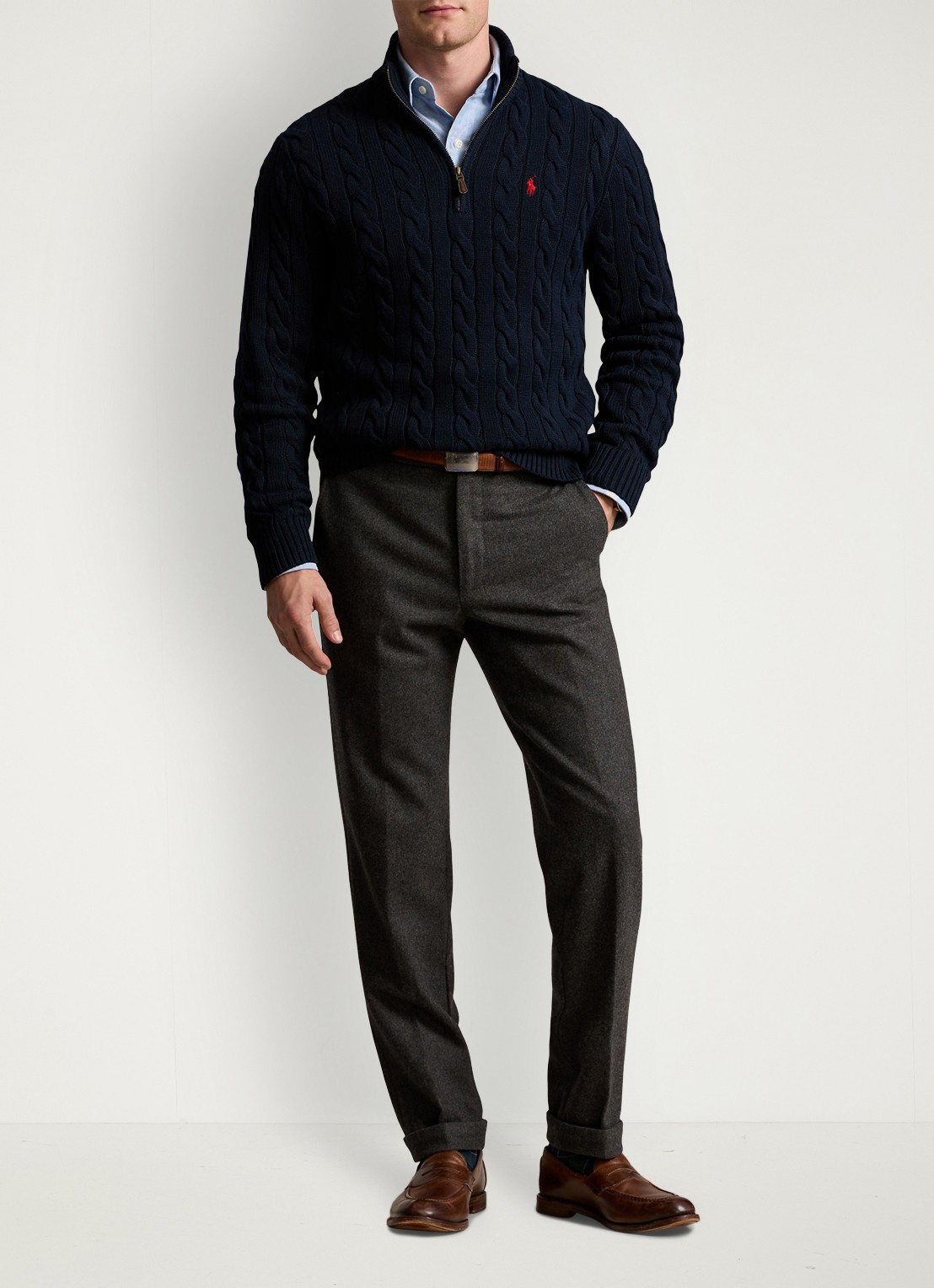 Ralph Lauren Kabelgebreide trui met logoborduring - voorkant 8 donkerblauw