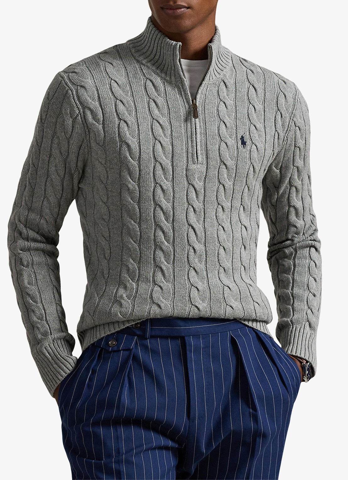 Ralph Lauren Kabelgebreide trui met logoborduring - detail 2 fawn grey heather / grijs