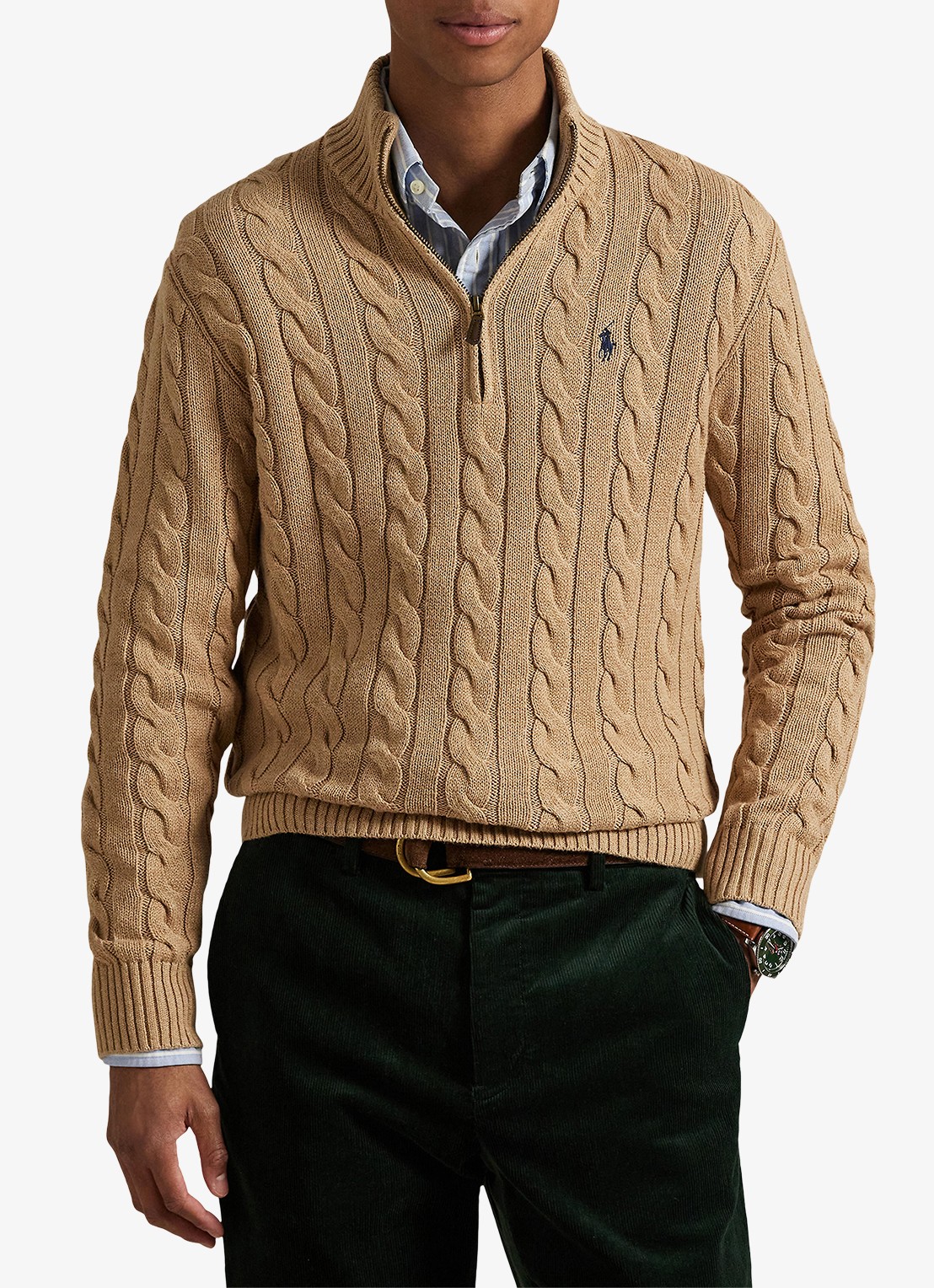 Ralph Lauren Kabelgebreide trui met logoborduring - detail camel melange / camel