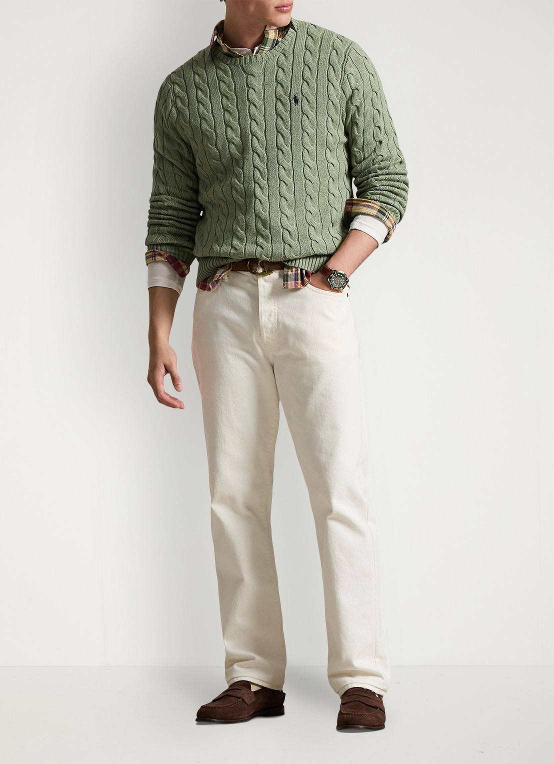 Ralph Lauren Kabelgebreide trui met logoborduring - voorkant 2 fern green heather-267s
