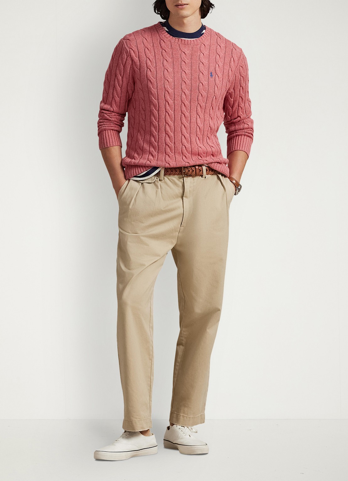Ralph Lauren Kabelgebreide trui met logoborduring - voorkant 2 strawberry gelato hthr-45qb
