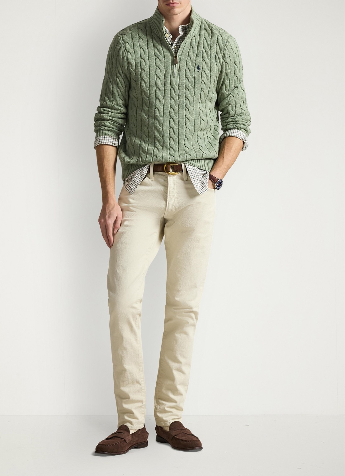 Ralph Lauren Kabelgebreide trui met logoborduring - voorkant 5 fern green heather / groen