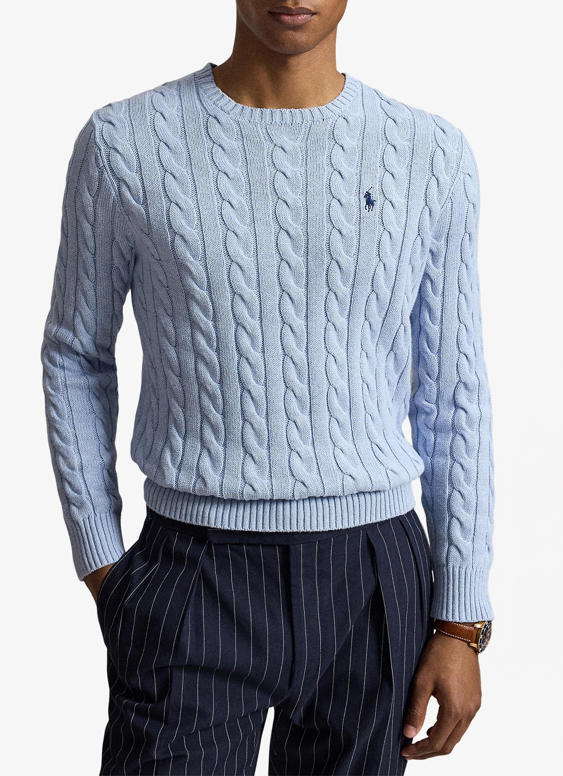 Ralph Lauren Kabelgebreide trui met logoborduring - voorkant 2 blue hyacinth hthr-44ej