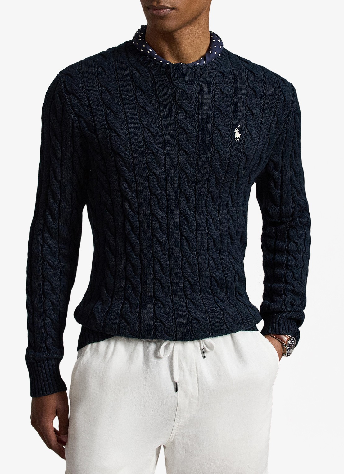 Ralph Lauren Kabelgebreide trui met logoborduring - voorkant 5 hunter navy c8135-zx6s