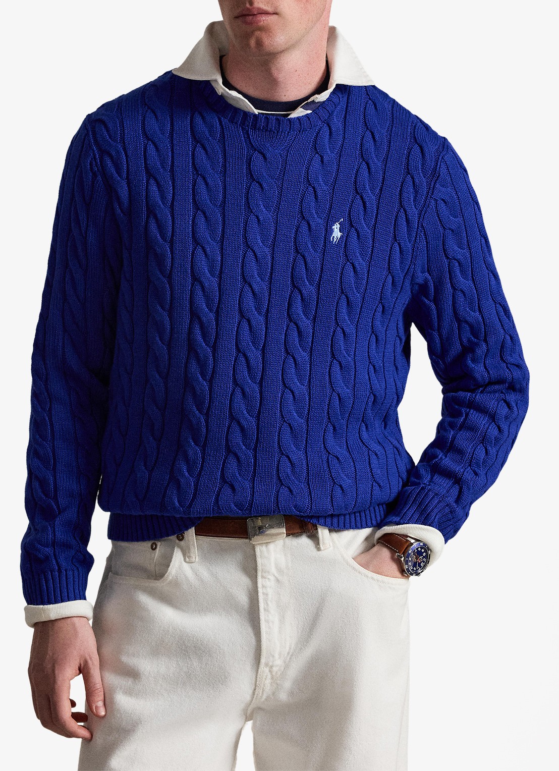 Ralph Lauren Kabelgebreide trui met logoborduring - voorkant 3 new iris blue-37x7