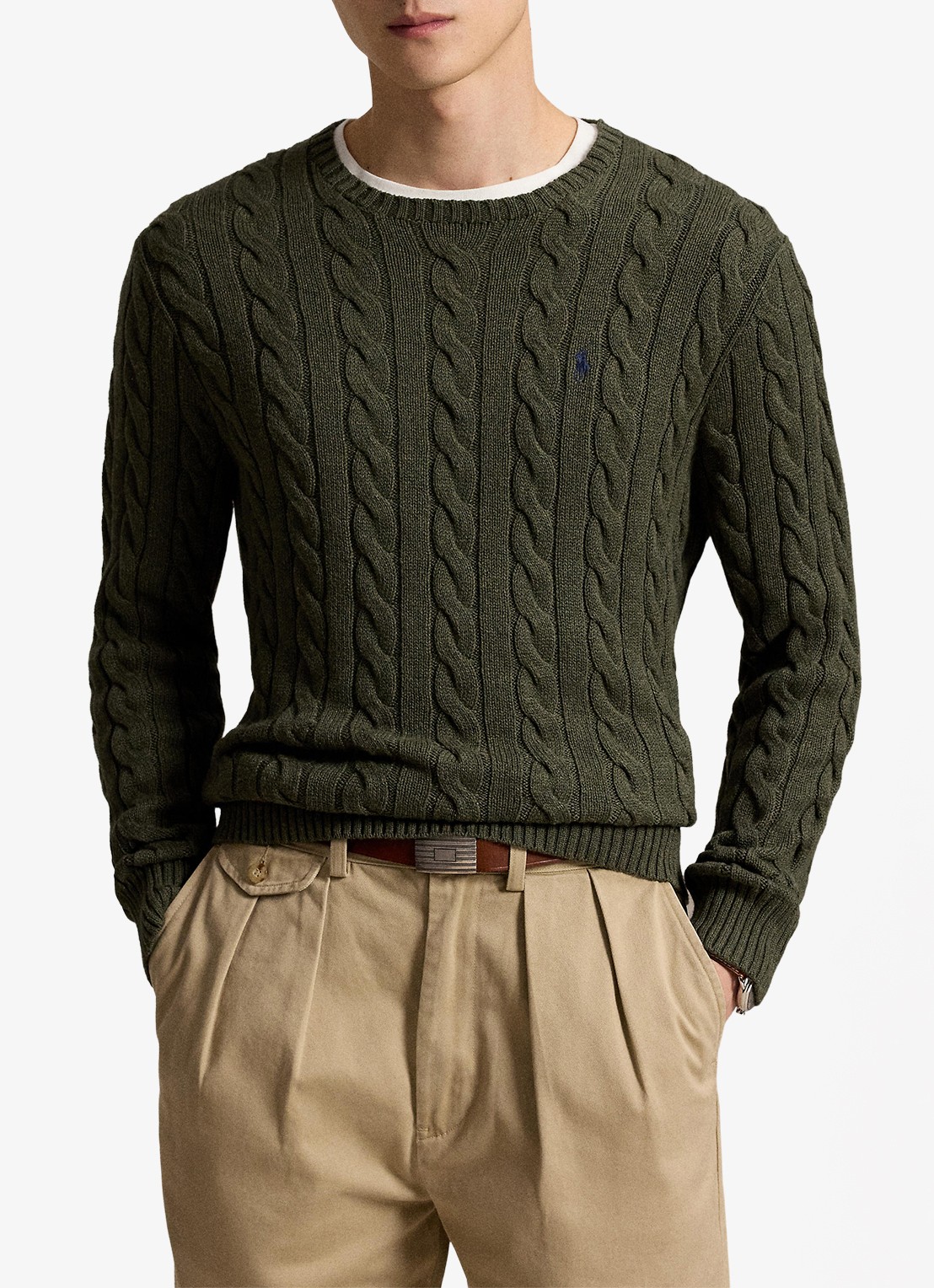 Ralph Lauren Kabelgebreide trui met logoborduring - voorkant 4 olive shrub heather-zxqg