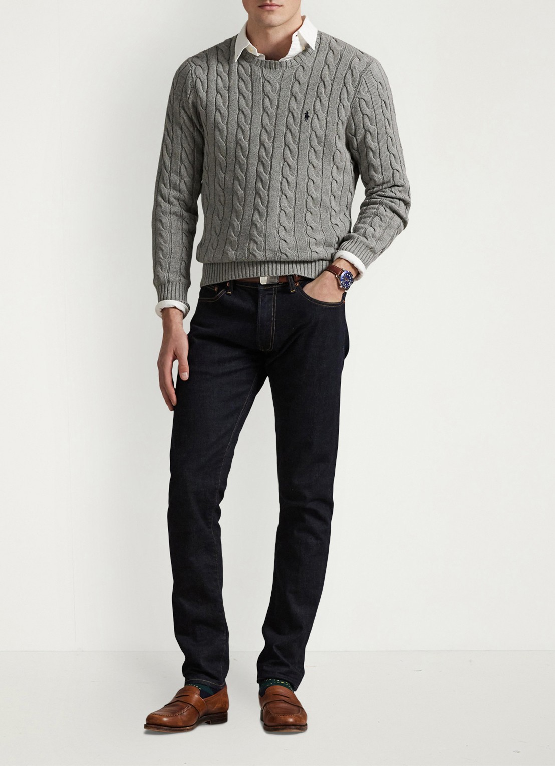 Ralph Lauren Kabelgebreide trui met logoborduring - voorkant 2 fawn grey heather / grijs