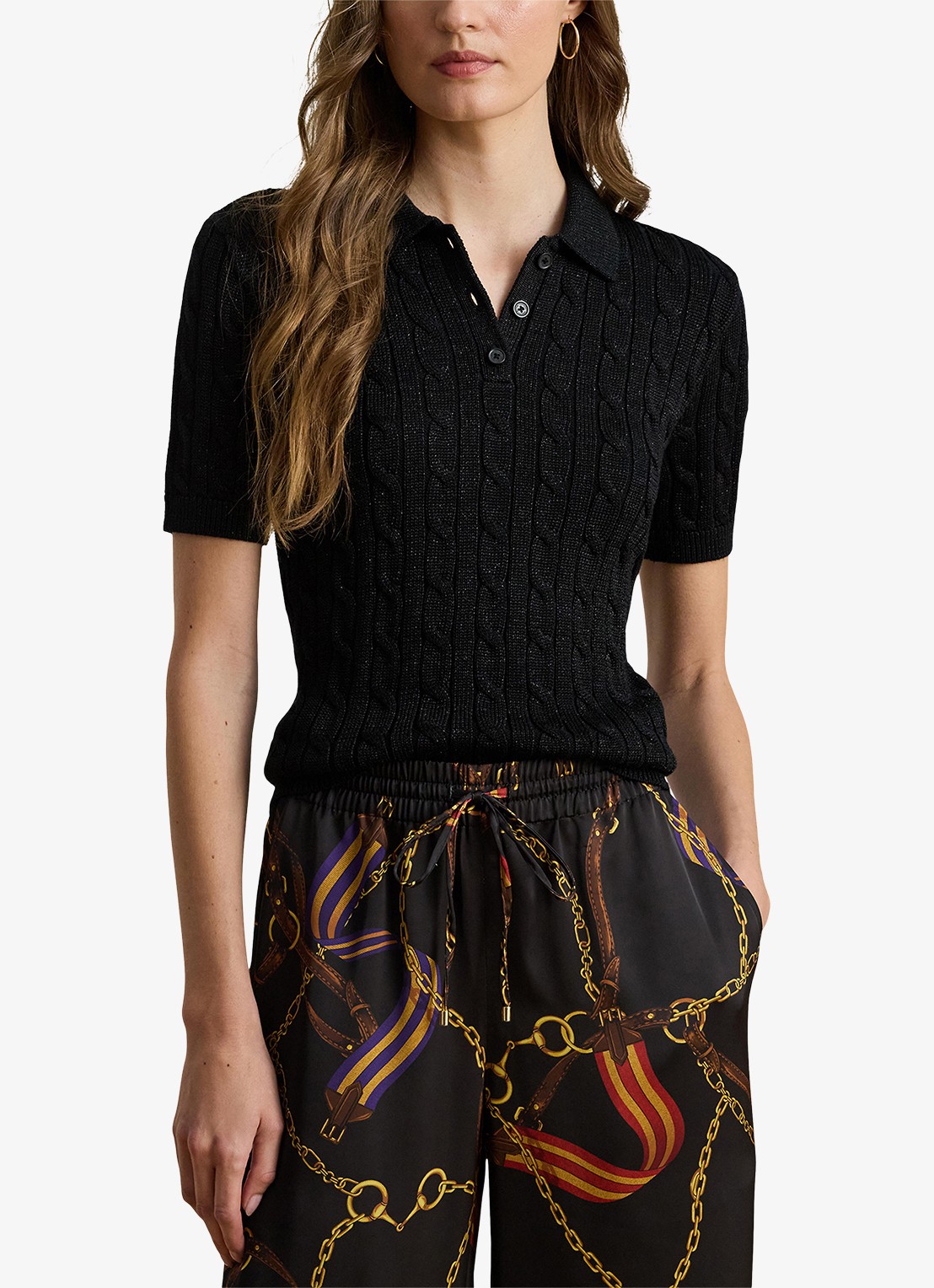 Ralph Lauren Kabelgebreide trui met polokraag  - detail black metallic / zwart