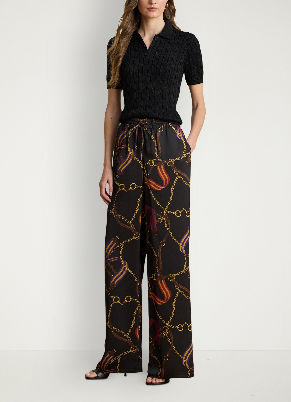 Ralph Lauren Kabelgebreide trui met polokraag  - voorkant 4 black metallic / zwart