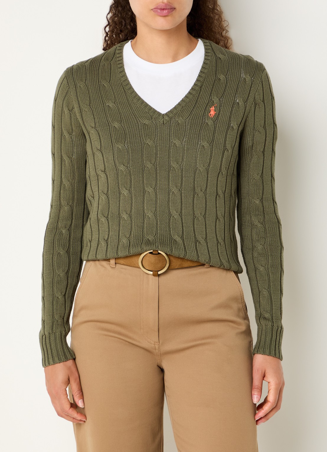 Ralph Lauren Kabelgebreide trui met V-hals en logoborduring - detail 2 legergroen