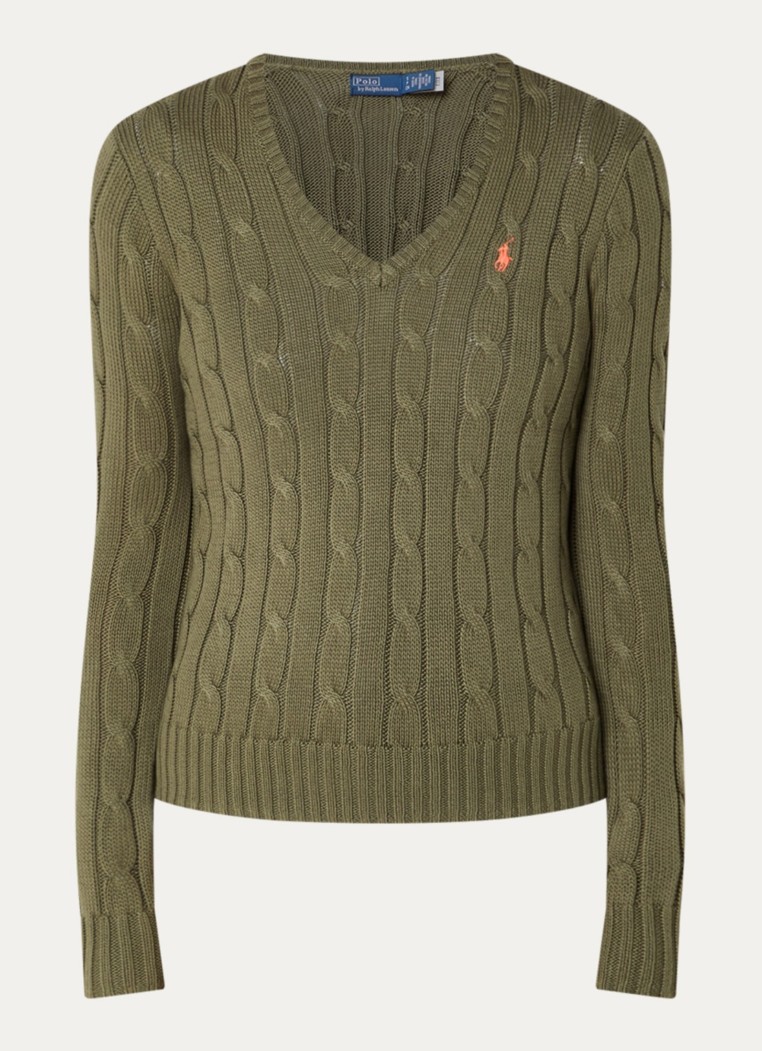 Ralph Lauren Kabelgebreide trui met V-hals en logoborduring - voorkant 3 legergroen
