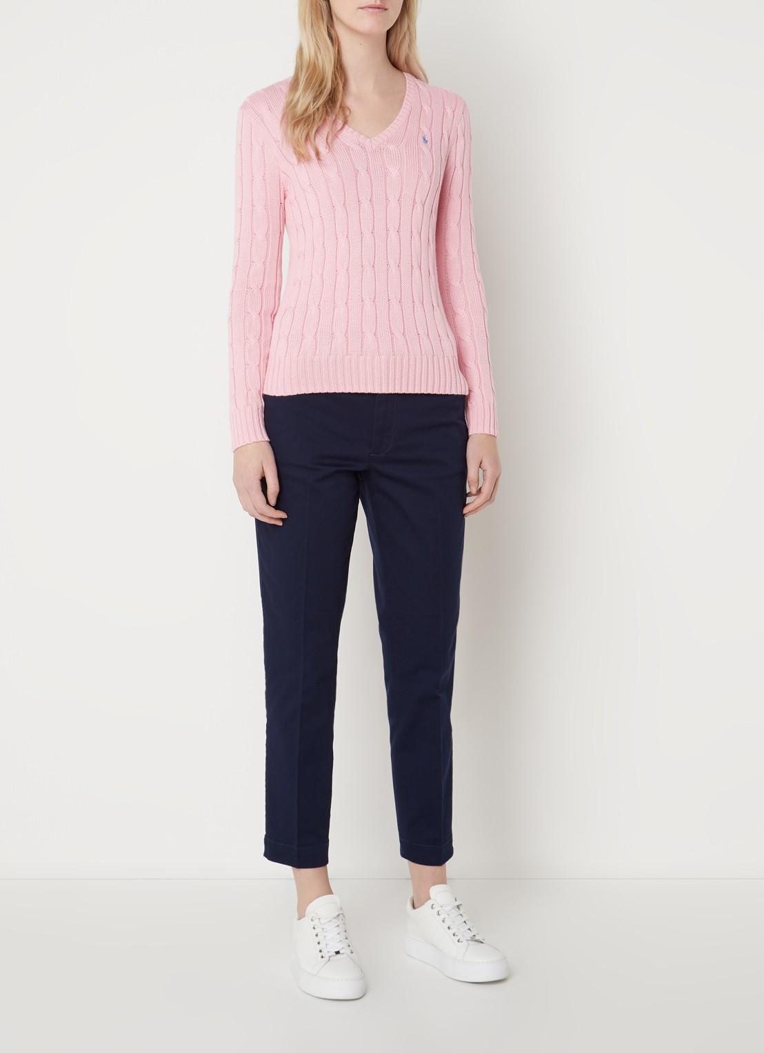 Ralph Lauren Kabelgebreide trui met V-hals - voorkant 3 roze