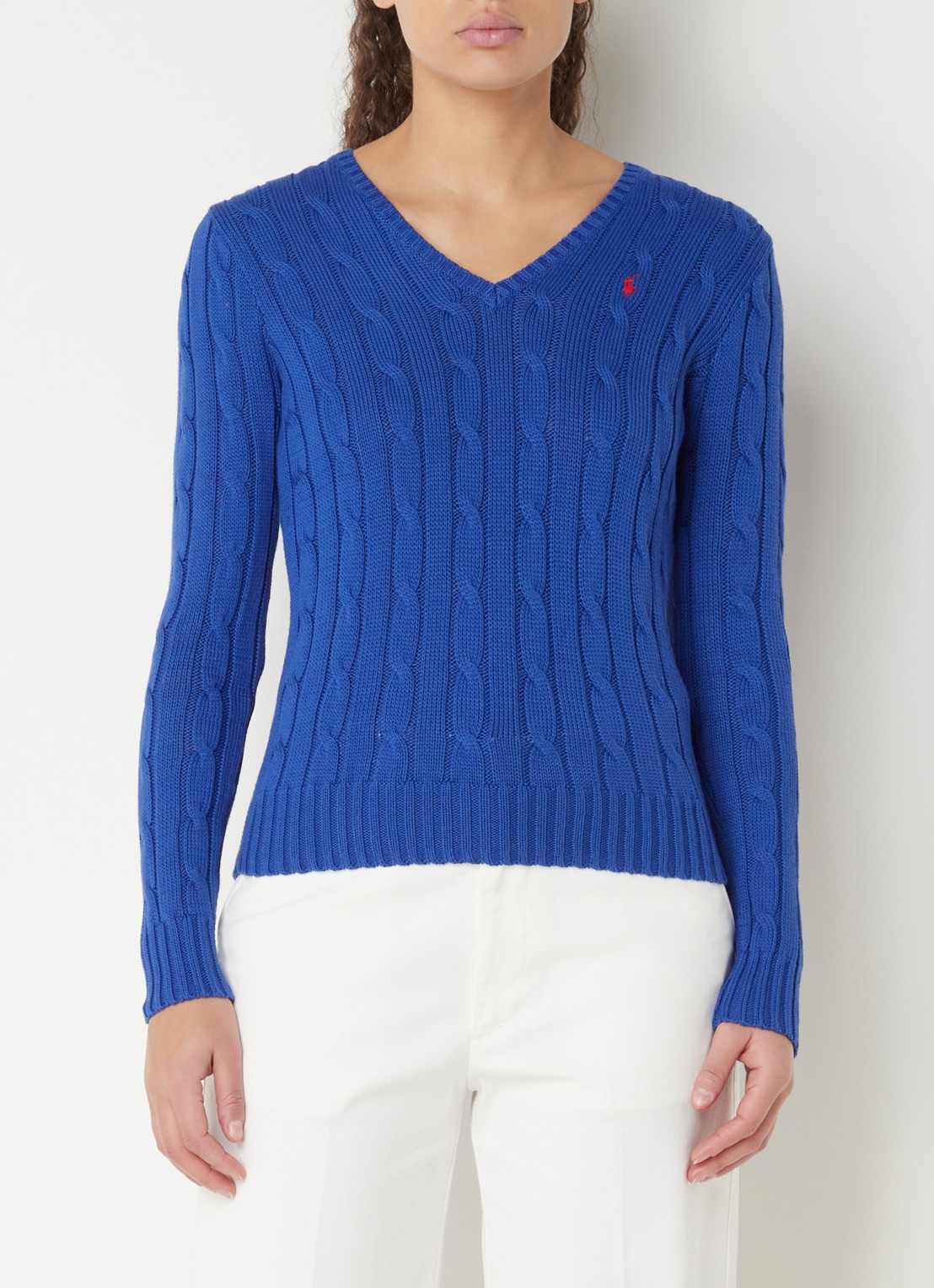 Ralph Lauren Kabelgebreide trui met V-hals - detail 4 kobaltblauw