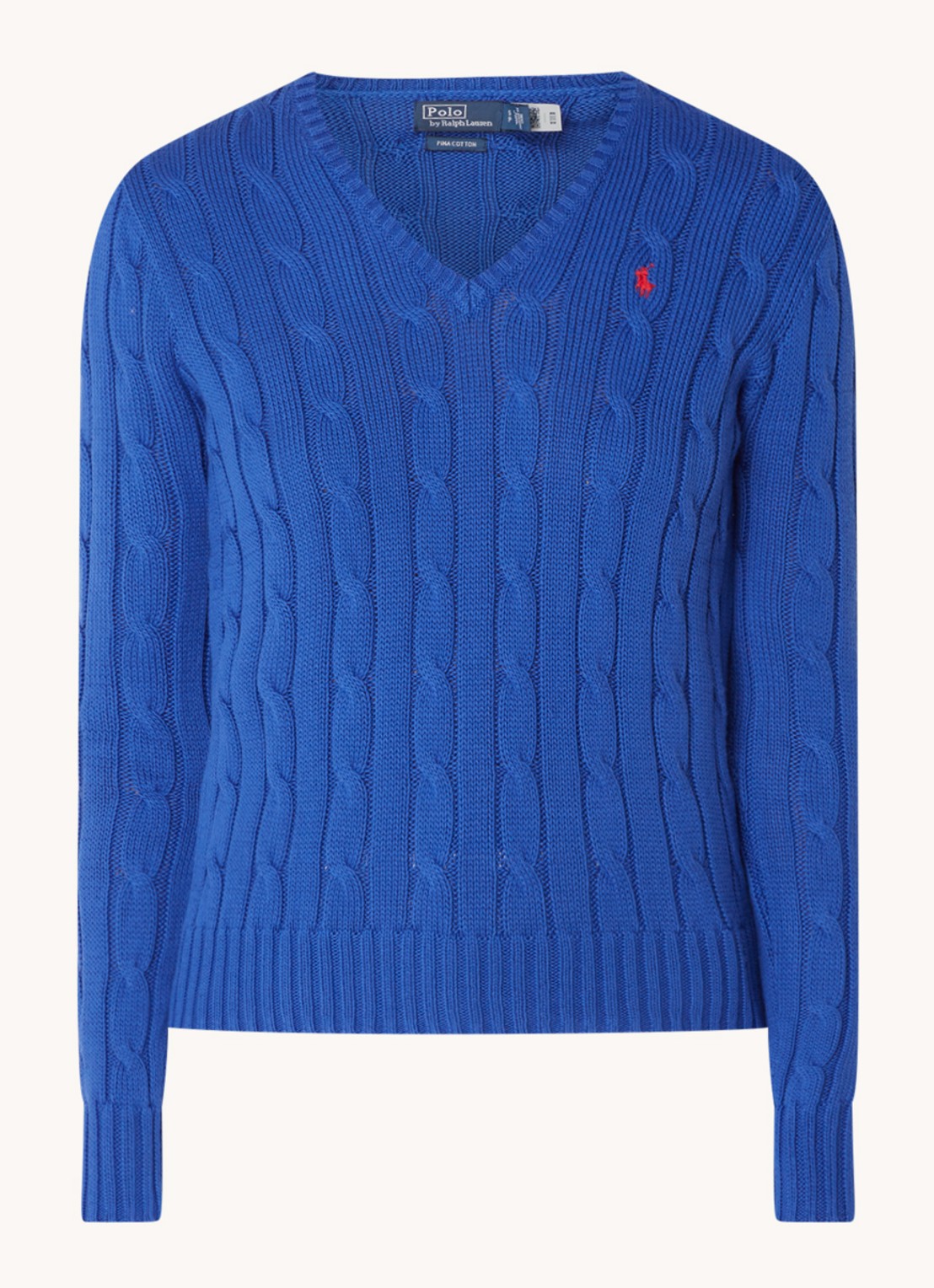 Ralph Lauren Kabelgebreide trui met V-hals - voorkant kobaltblauw