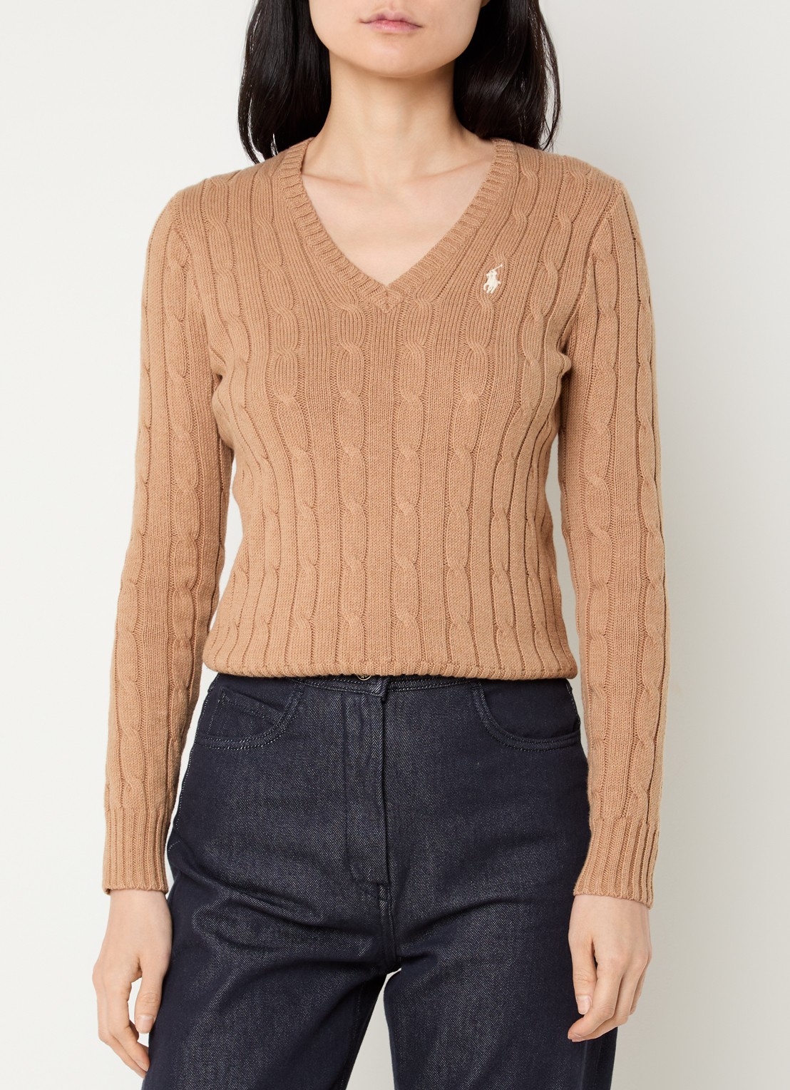 Ralph Lauren Kabelgebreide trui met V-hals - detail 4 camel