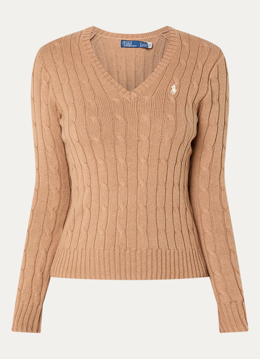 Ralph Lauren Kabelgebreide trui met V-hals - voorkant camel