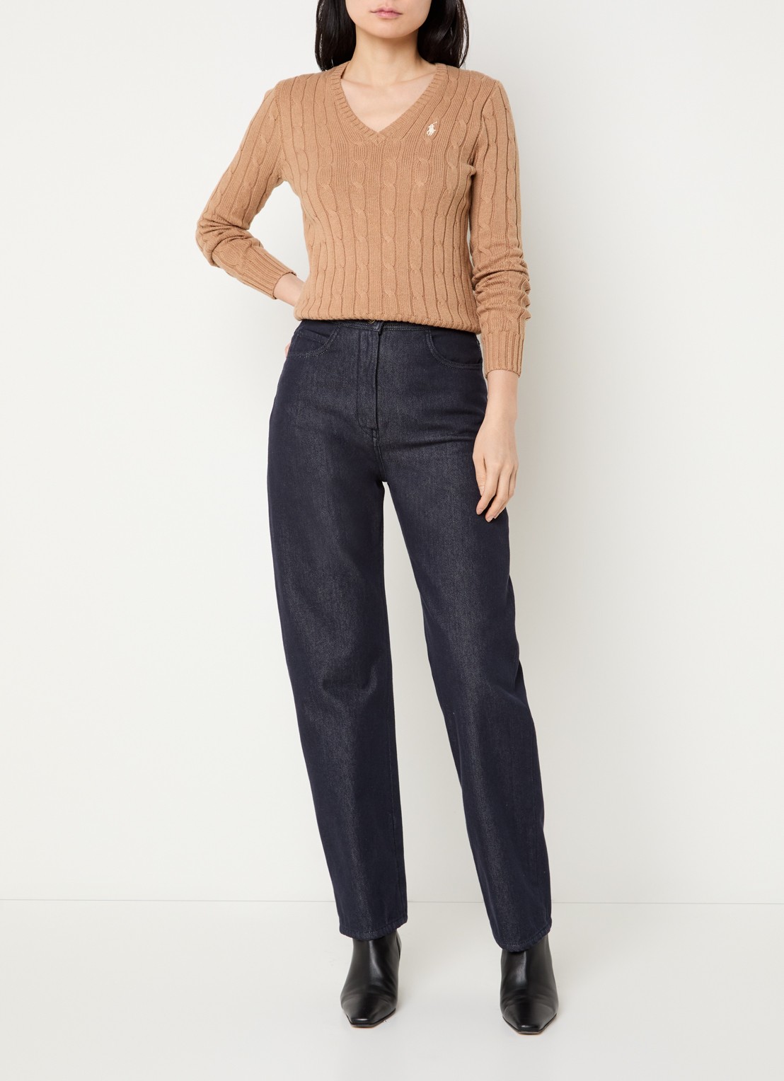 Ralph Lauren Kabelgebreide trui met V-hals - voorkant 2 camel