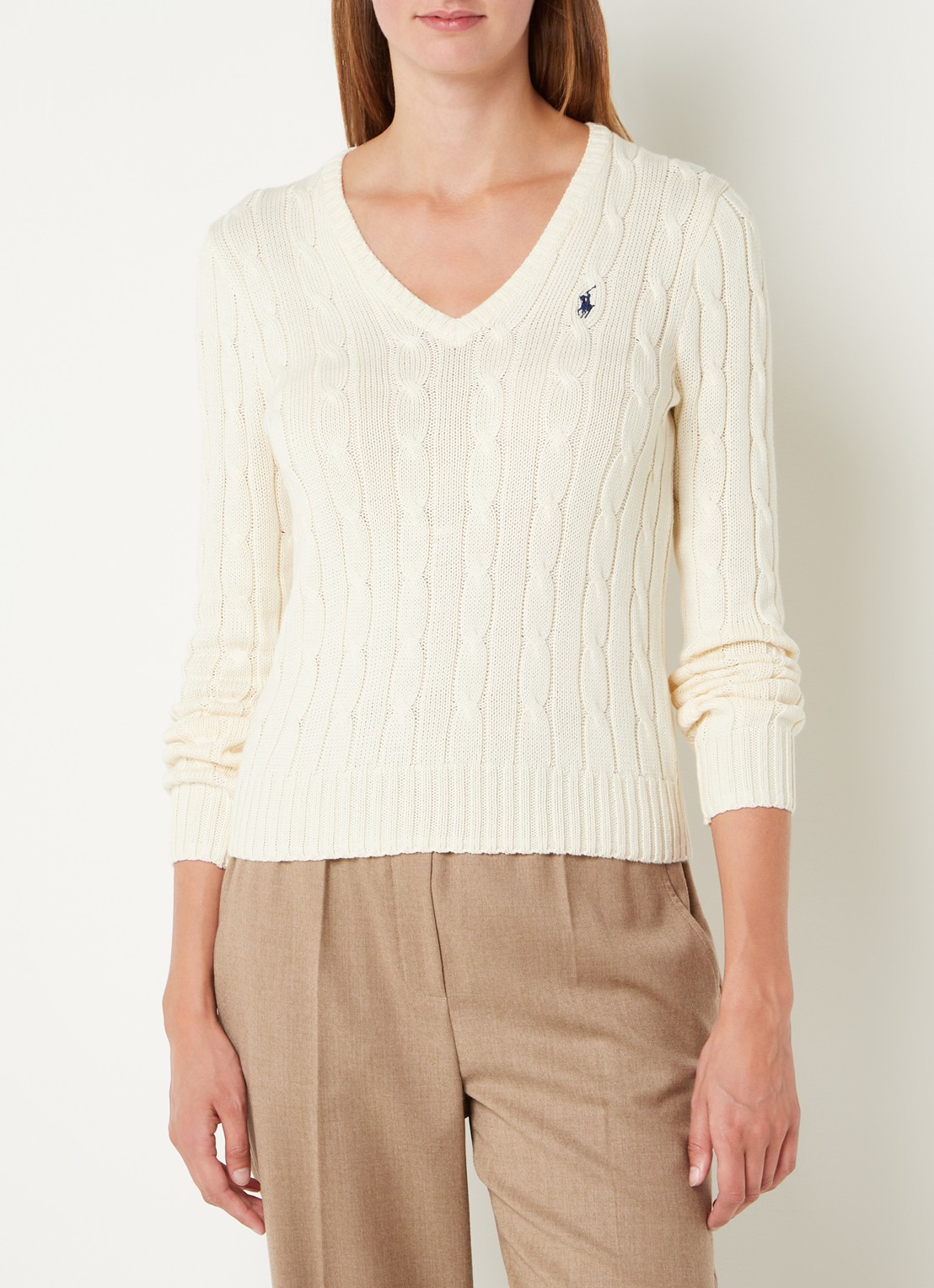 Ralph Lauren Kabelgebreide trui met V-hals - detail 2 gebroken wit