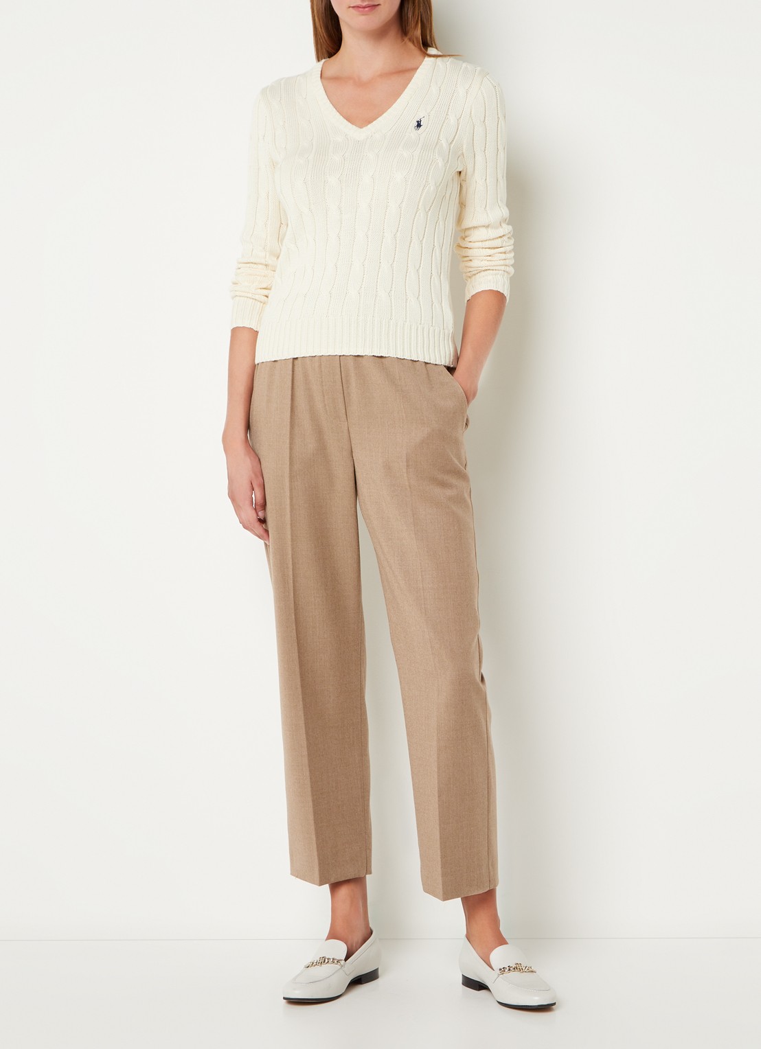 Ralph Lauren Kabelgebreide trui met V-hals - voorkant 4 gebroken wit