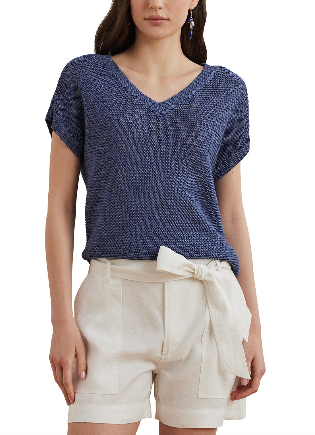 Ralph Lauren Kabelgebreide trui met V-hals - detail 4 blauw