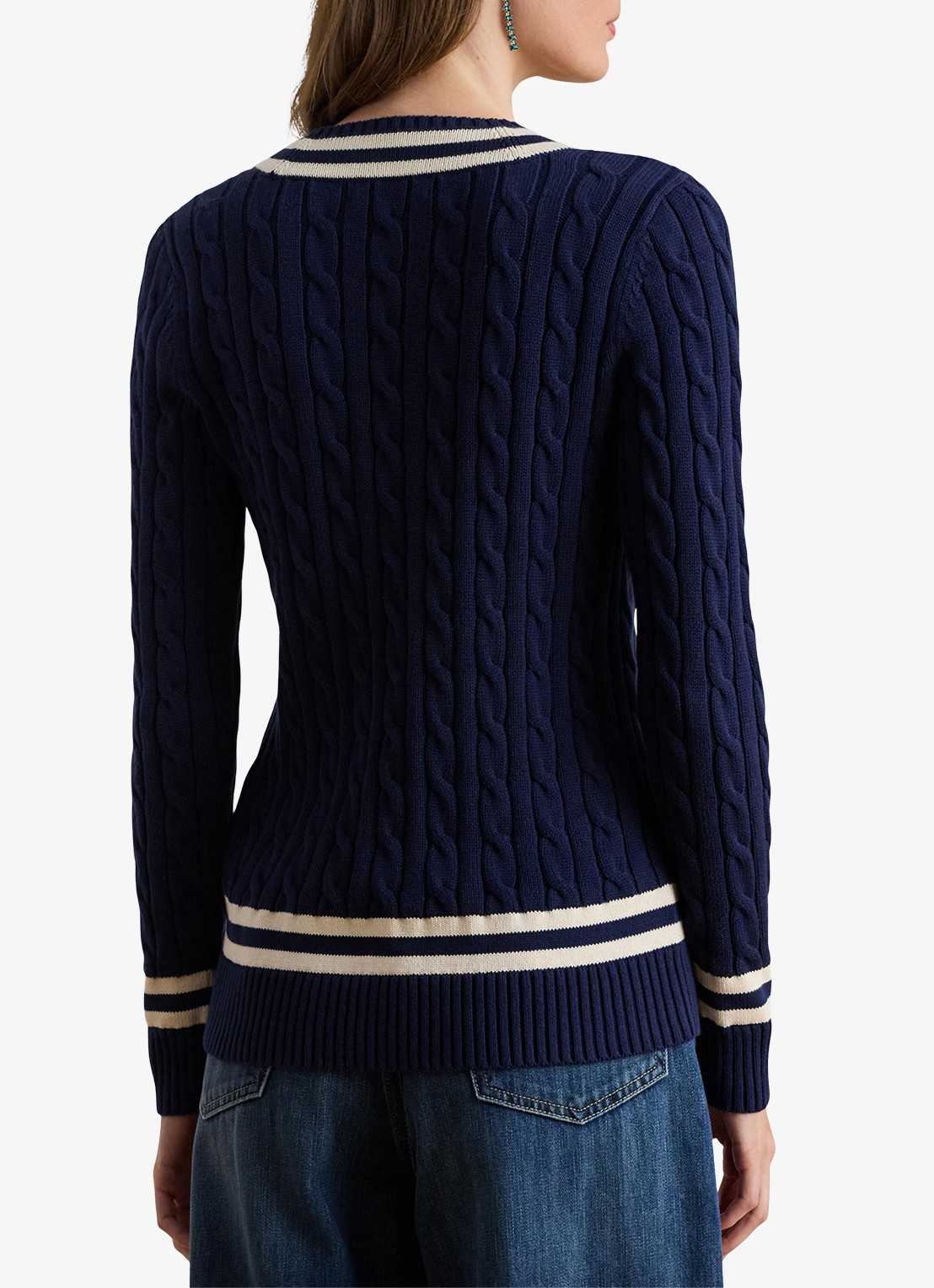 Ralph Lauren Kabelgebreide trui met V-hals - achterkant 3 donkerblauw