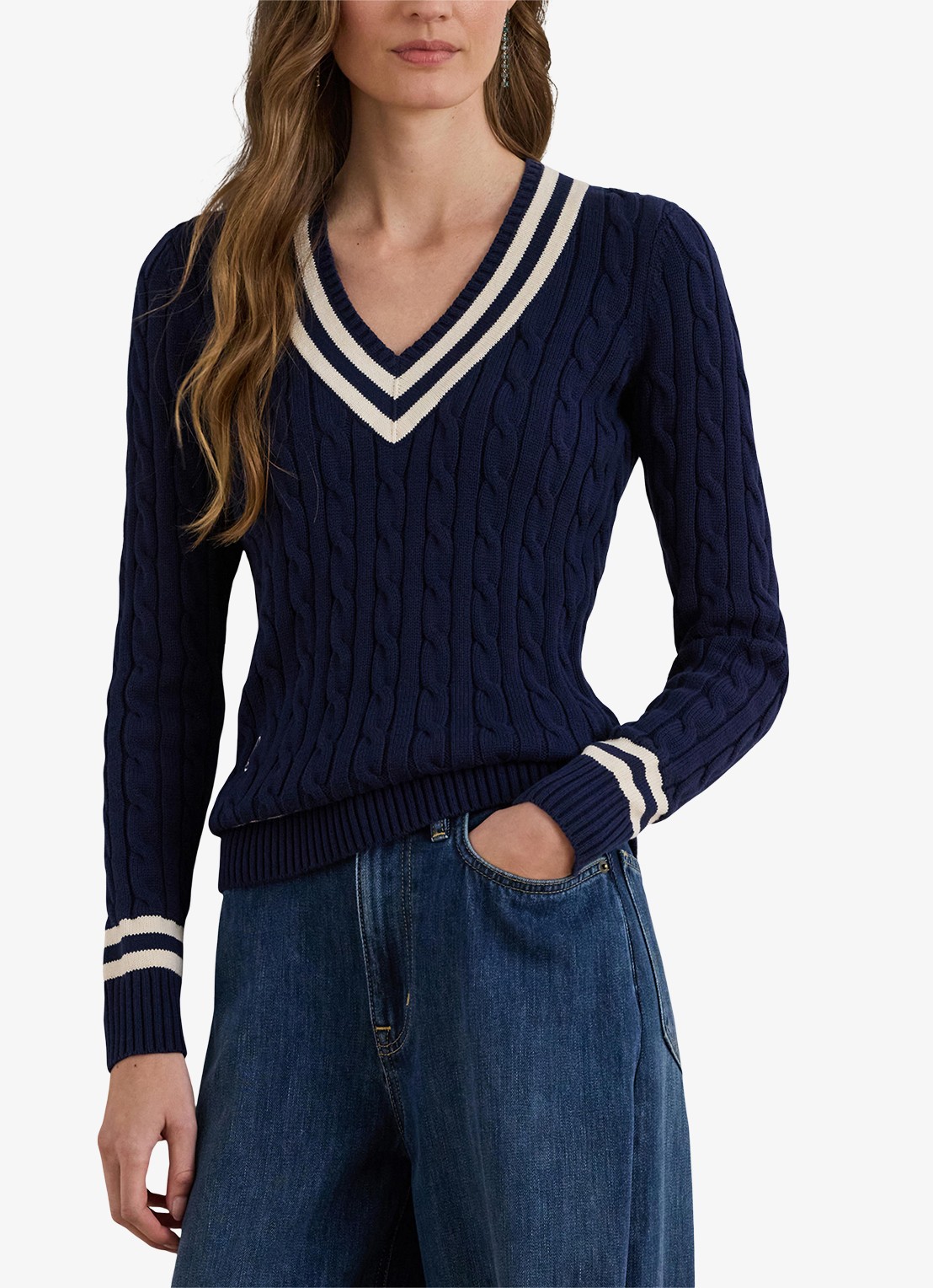 Ralph Lauren Kabelgebreide trui met V-hals - detail 4 donkerblauw