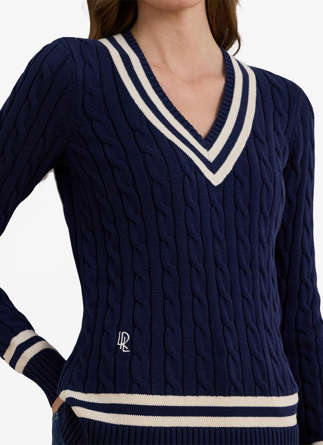 Ralph Lauren Kabelgebreide trui met V-hals - detail 5 donkerblauw