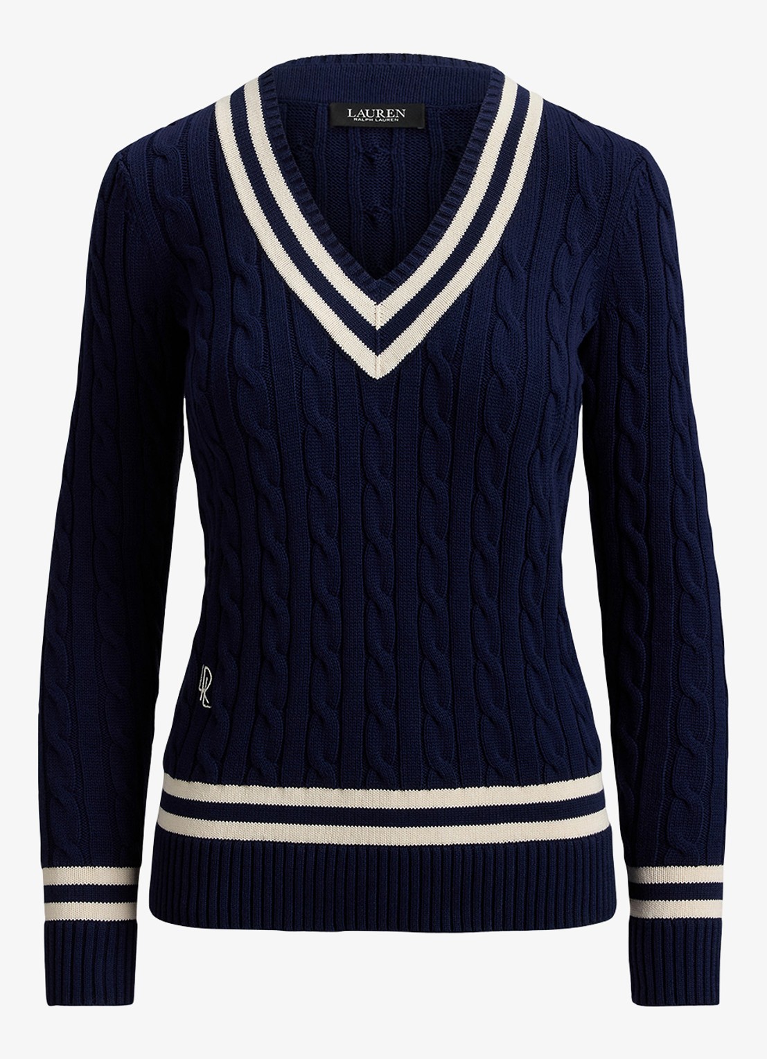 Ralph Lauren Kabelgebreide trui met V-hals - voorkant donkerblauw