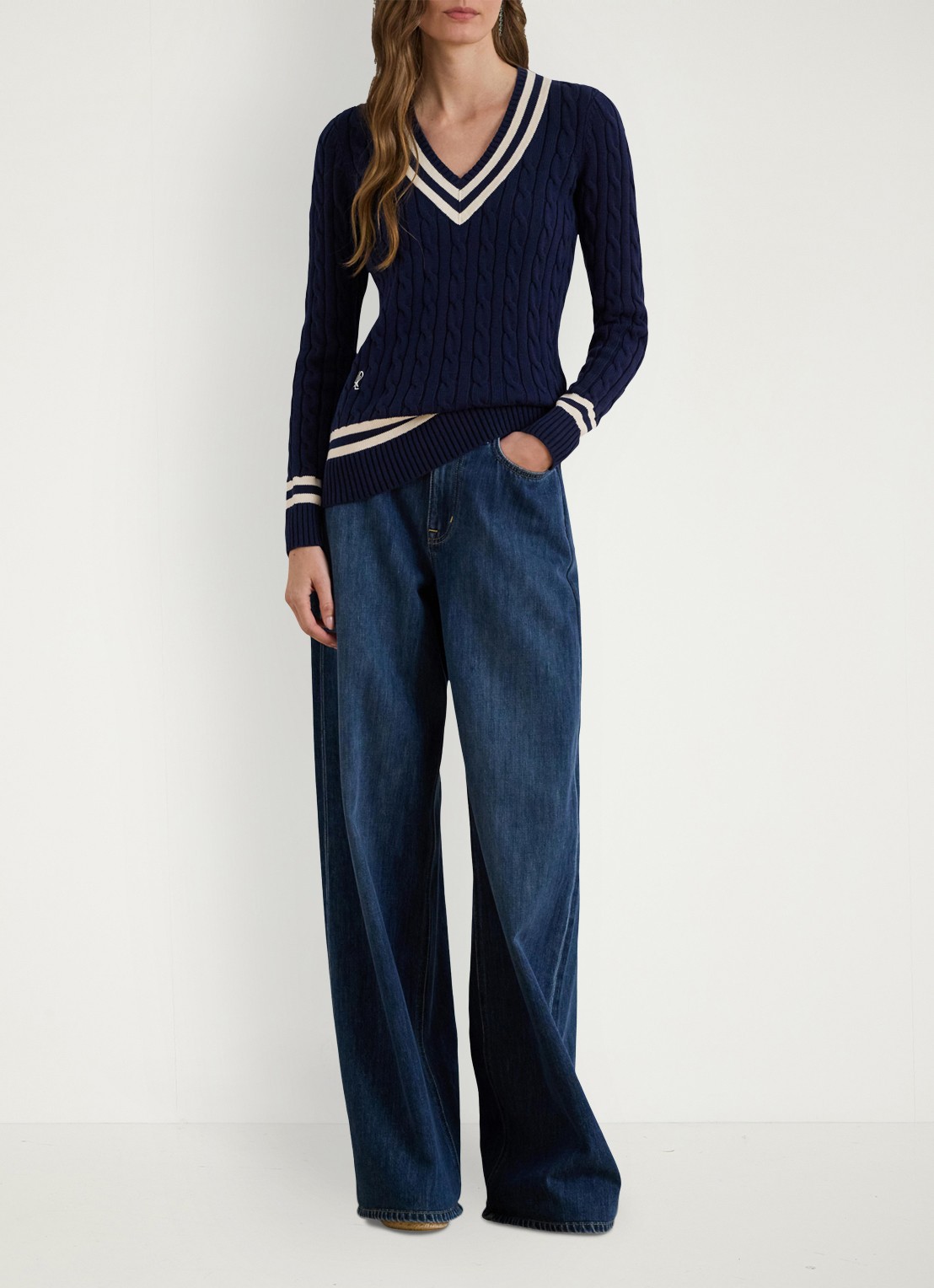 Ralph Lauren Kabelgebreide trui met V-hals - voorkant 2 donkerblauw
