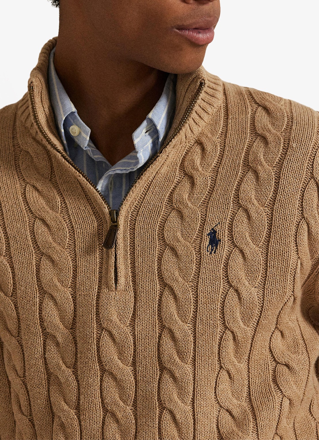 Ralph Lauren Katoenen kabeltrui met kwartrits - detail 2 camel melange / camel