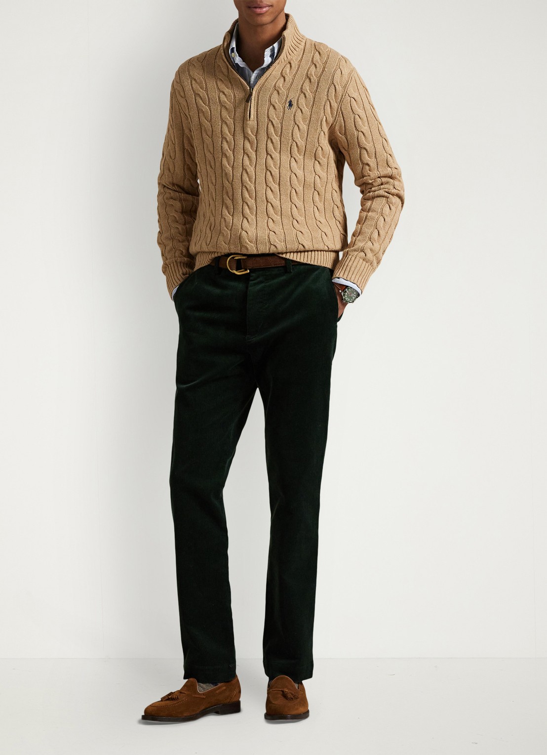 Ralph Lauren Katoenen kabeltrui met kwartrits - voorkant 5 camel melange / camel