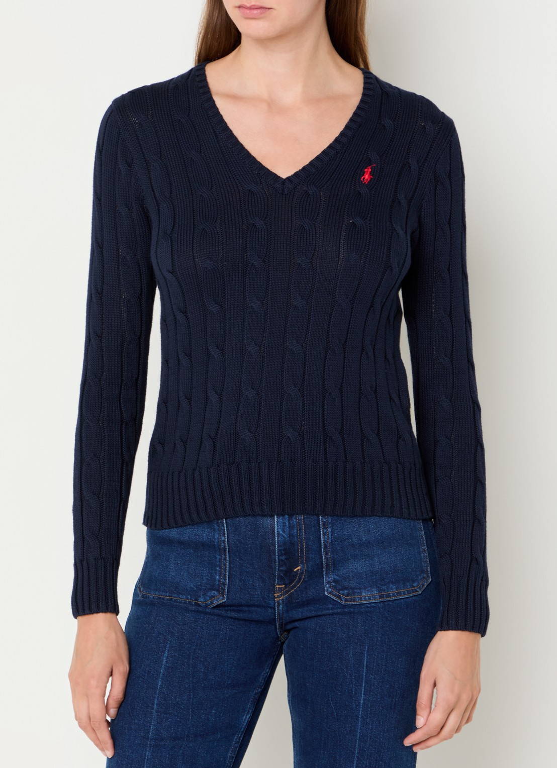 Ralph Lauren Kimberly kabelgebreide pullover met logoborduring - detail donkerblauw