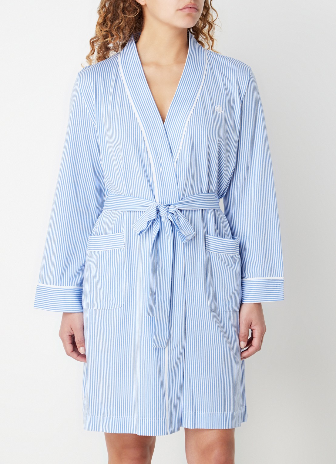 Ralph Lauren Kimono met streepprint en opgestikte zakken - detail lichtblauw
