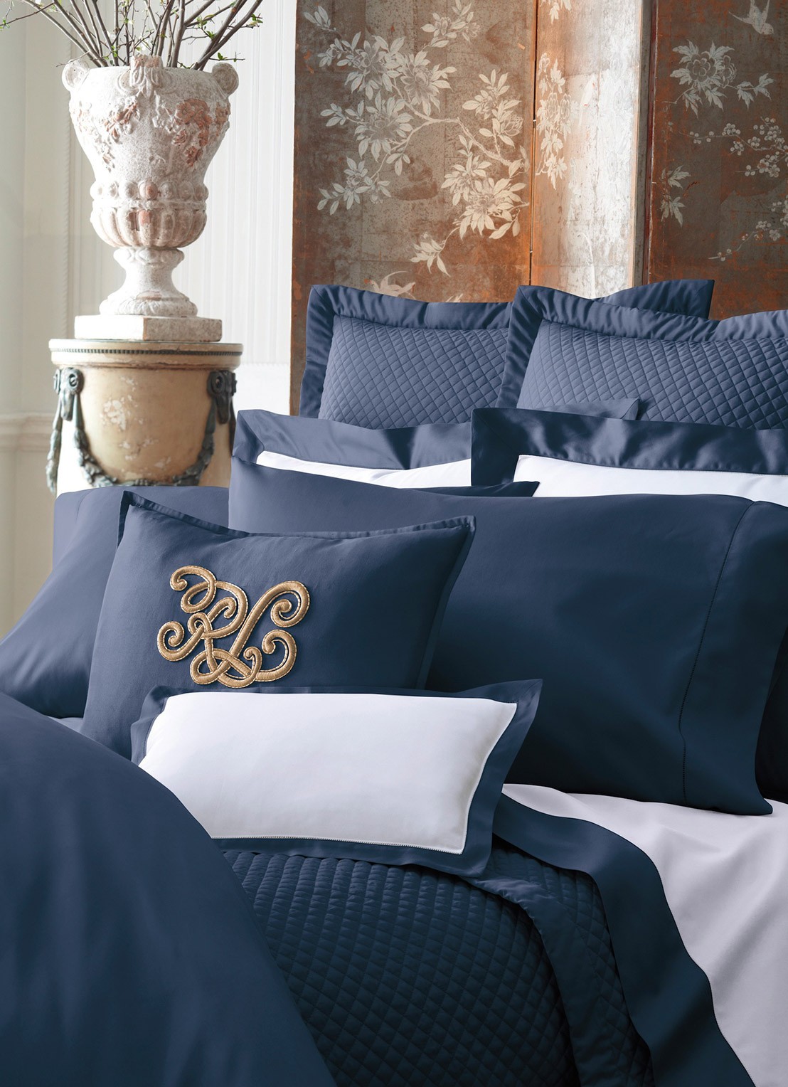 Ralph Lauren Kussensloop van katoensatijn 624TC in 2-pack - voorkant 2 donkerblauw