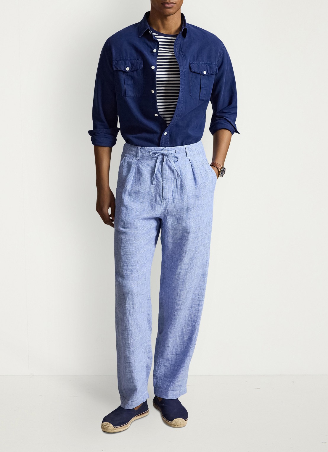 Ralph Lauren Lateef relaxed fit broek van linnen met trekkoord - voorkant 3 7273 blue white / blauw