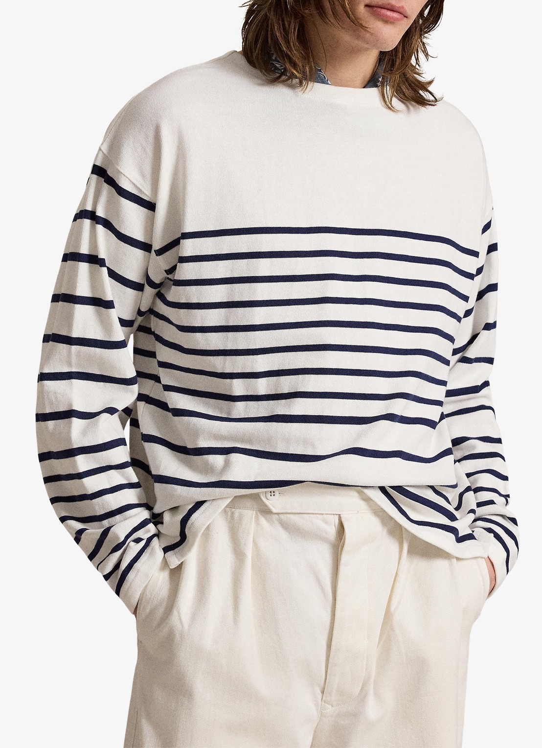 Ralph Lauren Longsleeve met streepprint en boothals - detail newport navy/white / gebroken wit