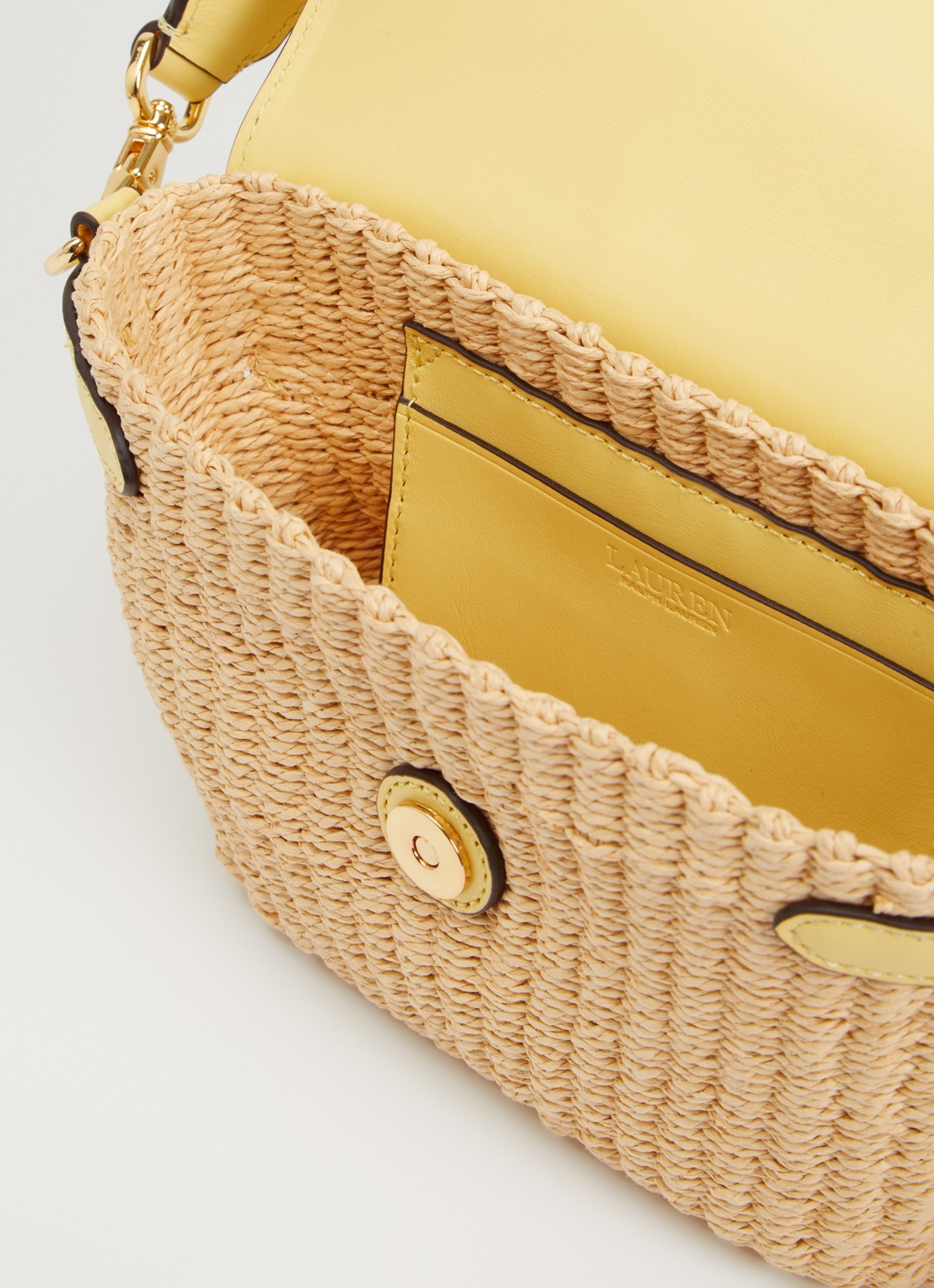 Ralph Lauren Lynden schoudertas van stro met details van leer  - detail 2 geel