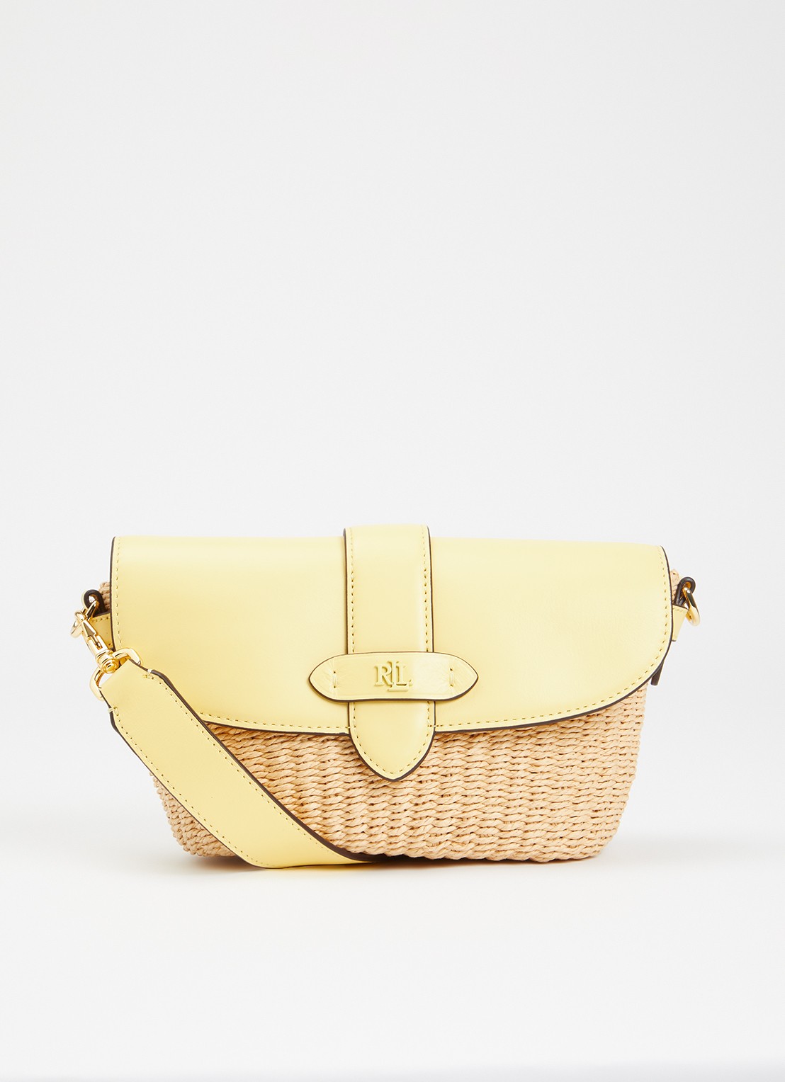 Ralph Lauren Lynden schoudertas van stro met details van leer  - voorkant geel