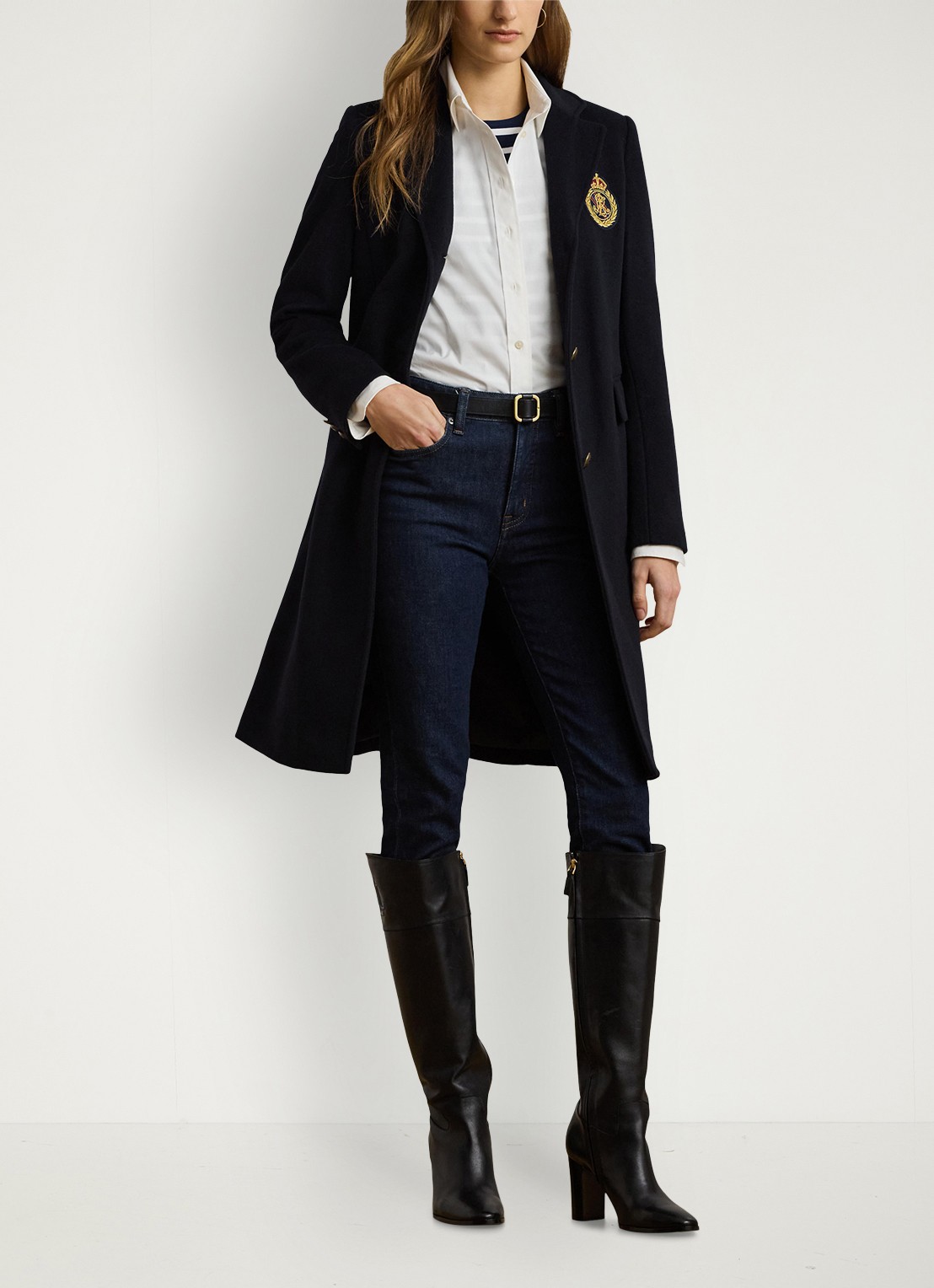 Ralph Lauren Mantel in kasjmierblend met klepzakken en logoborduring - voorkant 5 regal navy / donkerblauw