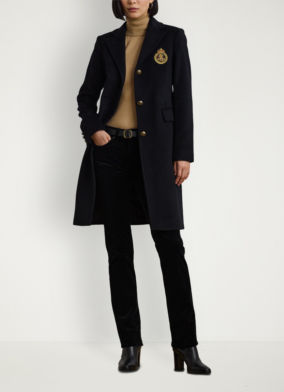 Ralph Lauren Mantel in kasjmierblend met klepzakken en logoborduring - voorkant 2 black / zwart