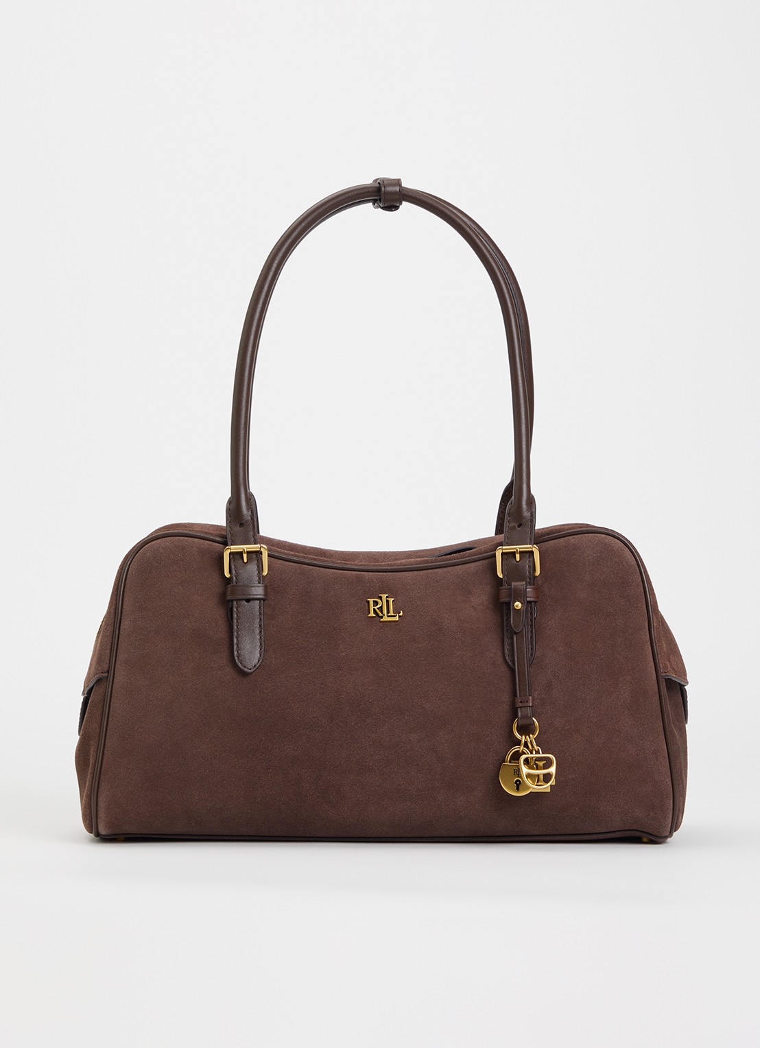 Ralph Lauren Marcy Large schoudertas van suède met tasbedel - voorkant bruin