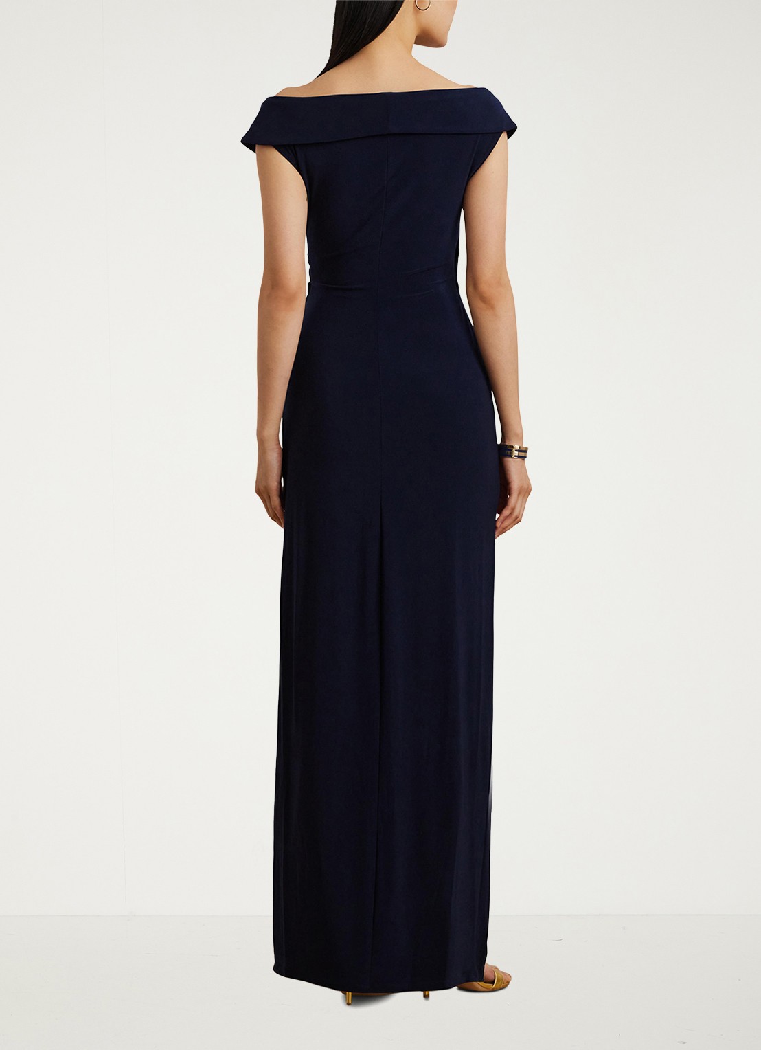 Ralph Lauren Maxi avondjurk met sjaalkraag en geknoopt detail - achterkant lighthouse navy / donkerblauw