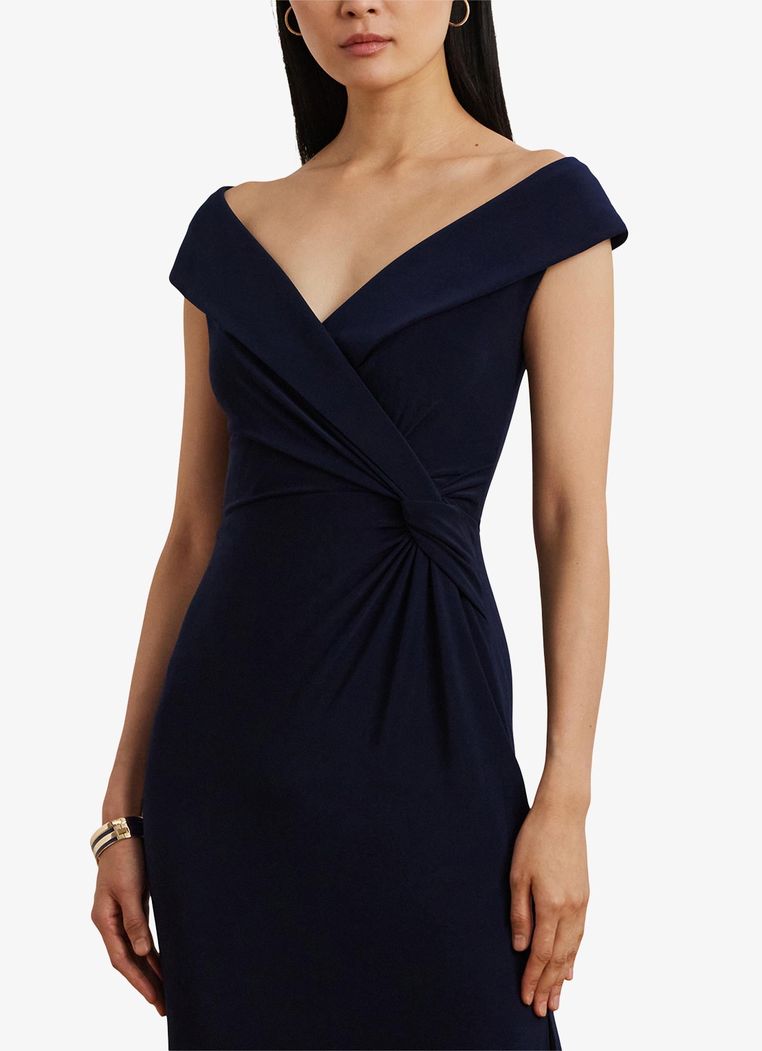 Ralph Lauren Maxi avondjurk met sjaalkraag en geknoopt detail - detail 2 lighthouse navy / donkerblauw