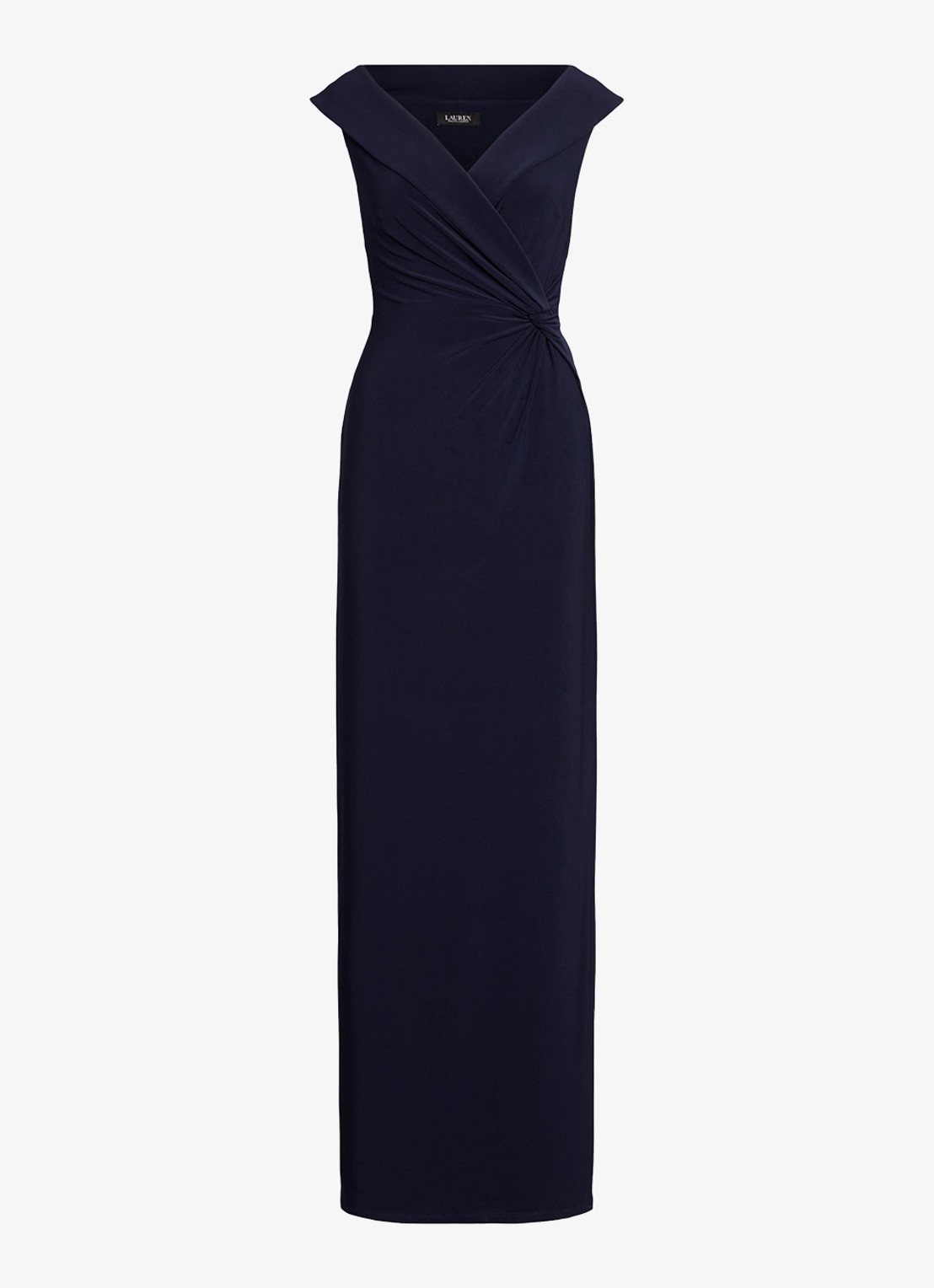 Ralph Lauren Maxi avondjurk met sjaalkraag en geknoopt detail - voorkant 4 lighthouse navy / donkerblauw